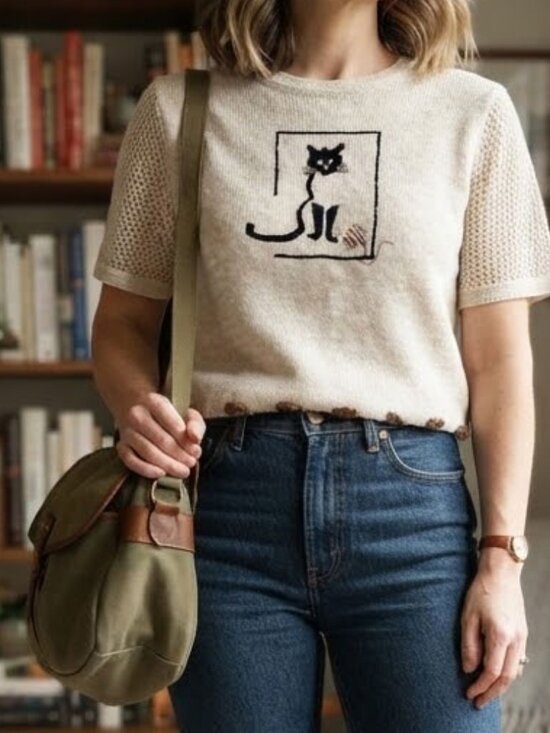 Christopher & Banks Sweaters - Vintage Christopher & Banks Short Sleeve Cat Knit Sweater Shirt
